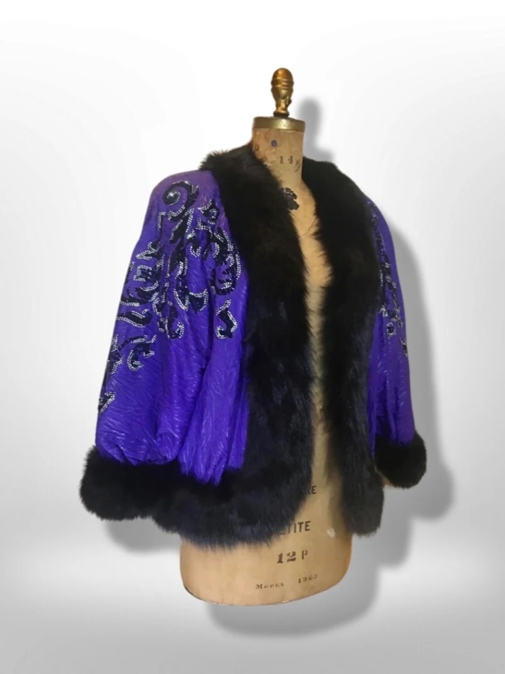 NWOT 80s Glam Purple Leather Fox Fur Bat Wing Swarovski Crystals Rhinestones